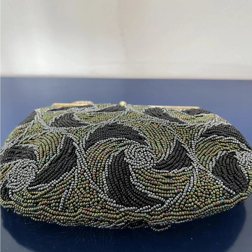 Black Gray Swirl Beaded Purse Evening Bag Clutch Gold Frame Vintage 50s 60s